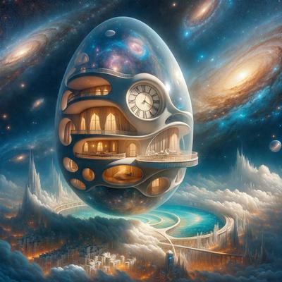 The primary subject of the image is a large, intricately designed egg that appears to be a part of a futuristic city. The egg is situated in the middle of a cityscape, surrounded by various buildings and structures. The setting is a futuristic city with a mix of architectural styles, including a clock tower. The visual style of the image is digital art, with a vibrant and colorful atmosphere. The dominant colors include shades of blue, purple, and pink, creating a sense of wonder and imagination.